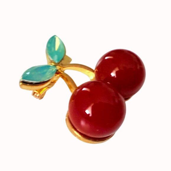 Red Enamel Cherry Brooch Pin Green Acrylic Gem Gold Tone Metal - Picture 4 of 14